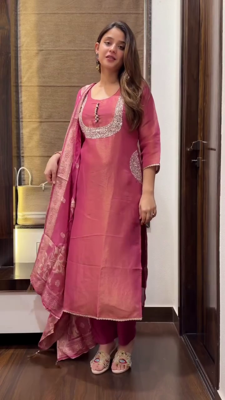 Mustard Yellow Embellished Neckline Kurta Set with Designer Dupatta & Pocket Detail