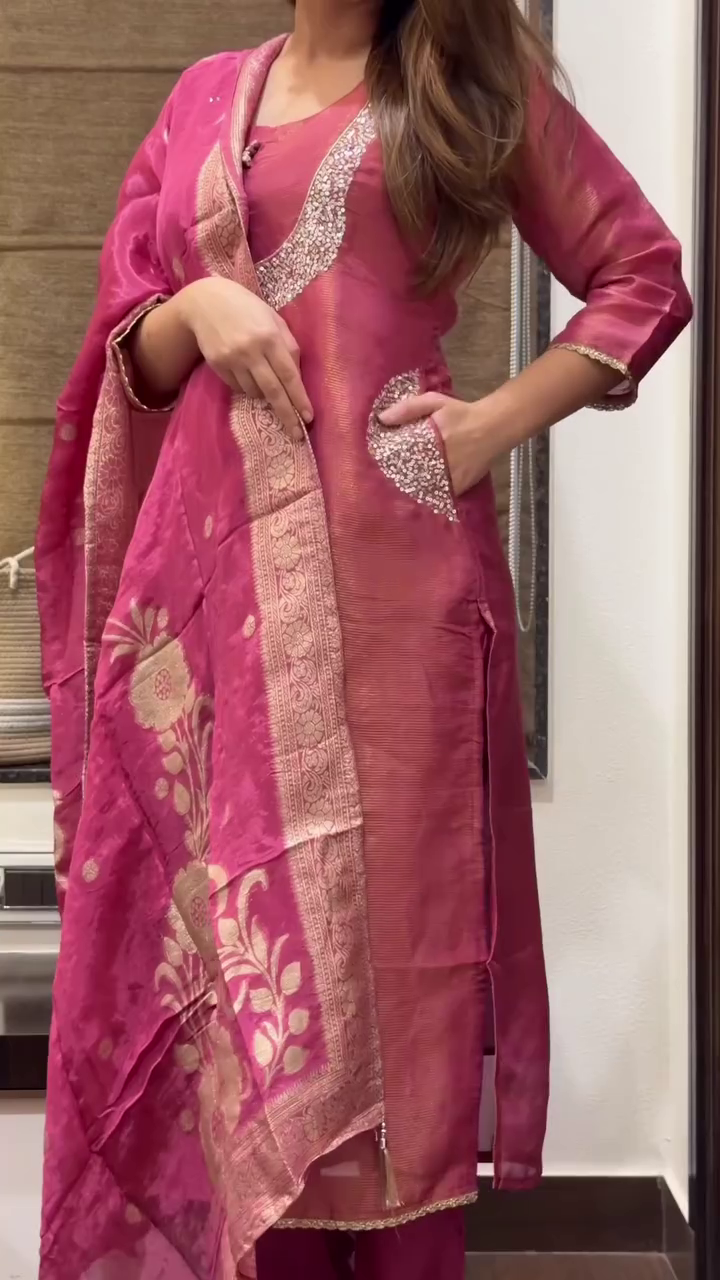 Mustard Yellow Embellished Neckline Kurta Set with Designer Dupatta & Pocket Detail