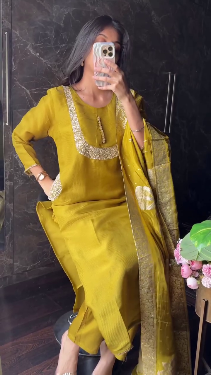 Mustard Yellow Embellished Neckline Kurta Set with Designer Dupatta & Pocket Detail