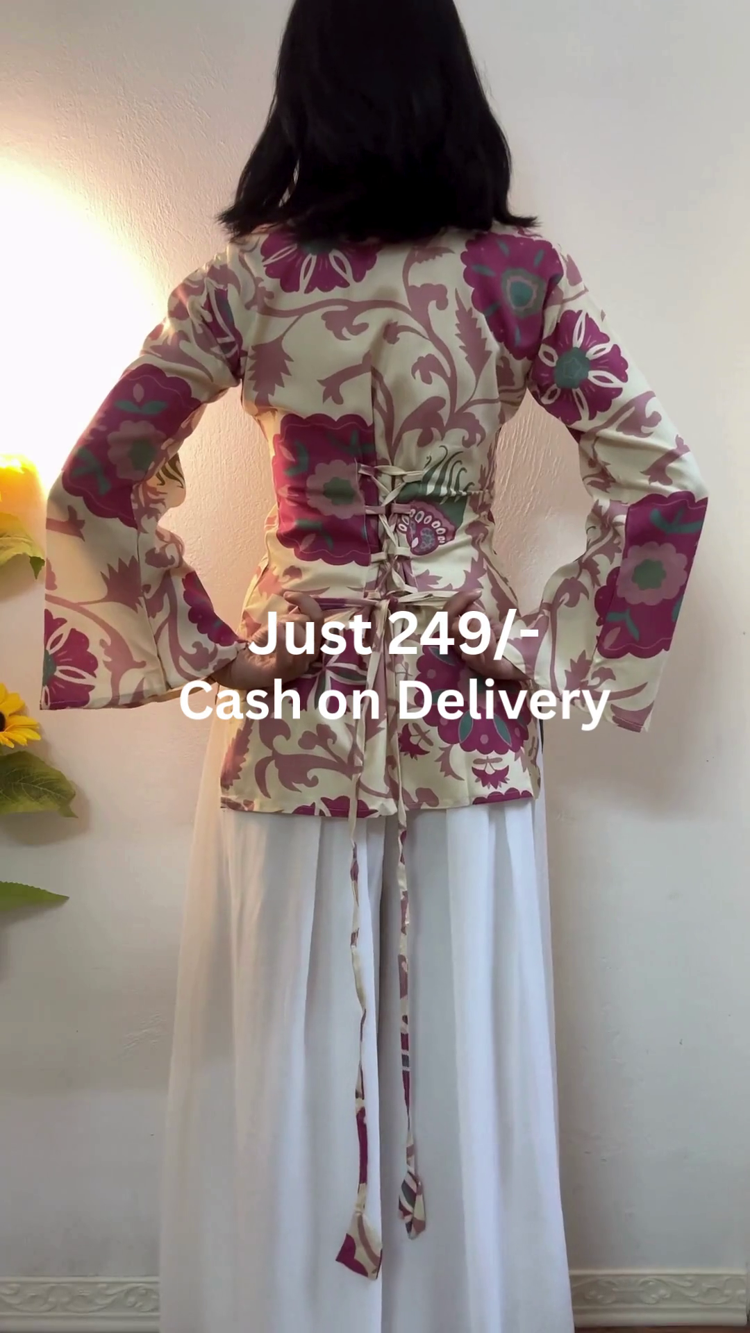 Cream Floral Printed Lace-Detail Straight Kurti with Full Sleeves