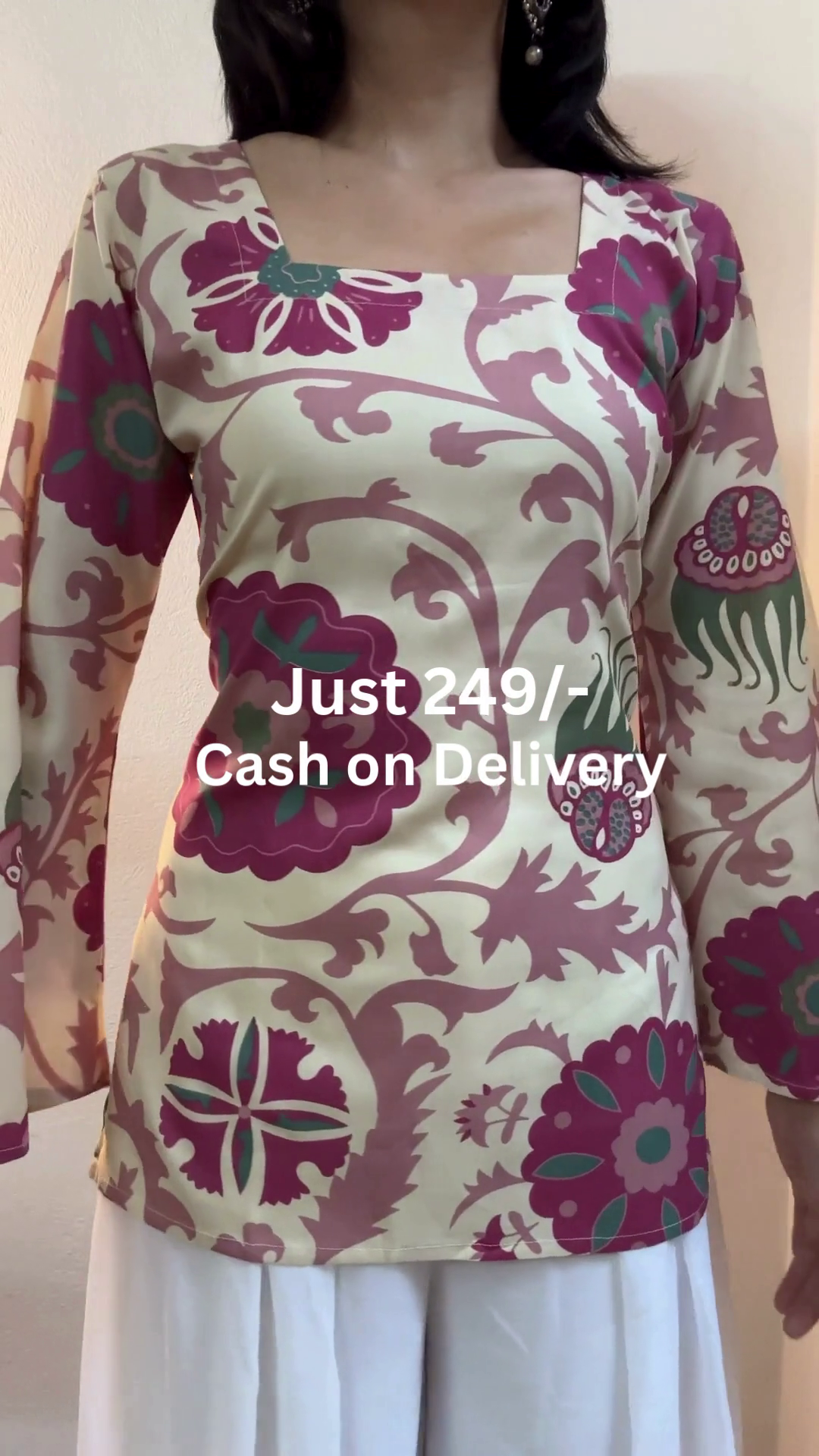 Cream Floral Printed Lace-Detail Straight Kurti with Full Sleeves