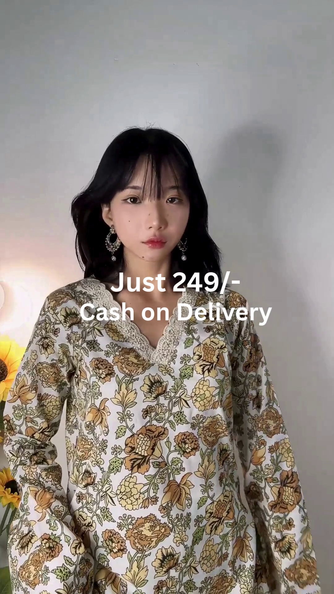 Cream Floral Printed Lace-Detail Straight Kurti with Full Sleeves