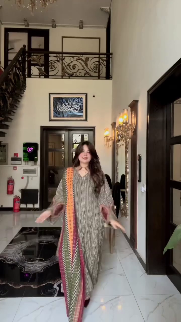 Beige Vertical Striped Ethnic Kurta Set with Multicolor Printed Dupatta