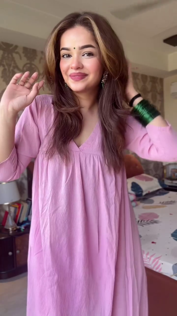 Soft Lavender V-Neck Flowy A-Line Maxi Kurti Dress with Three-Quarter Sleeves