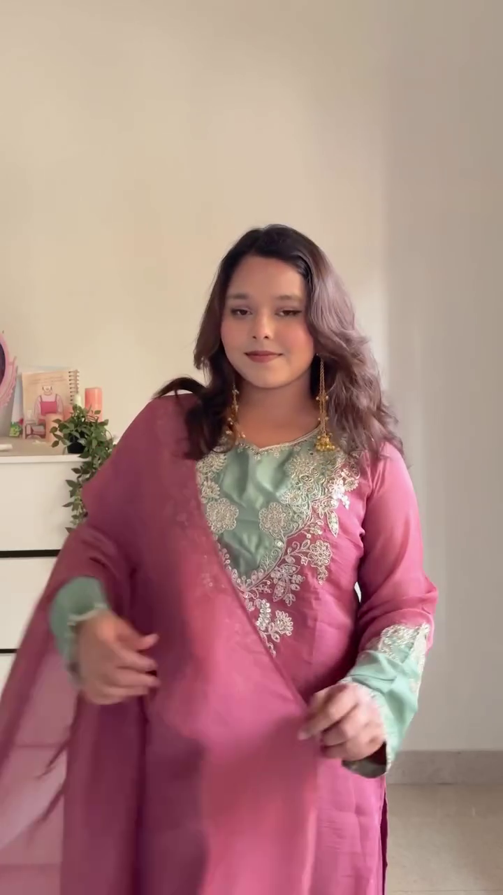 Dusty Rose & Mint Green Embroidered Anarkali Kurta Set with Wide Palazzo & Contrast Borders