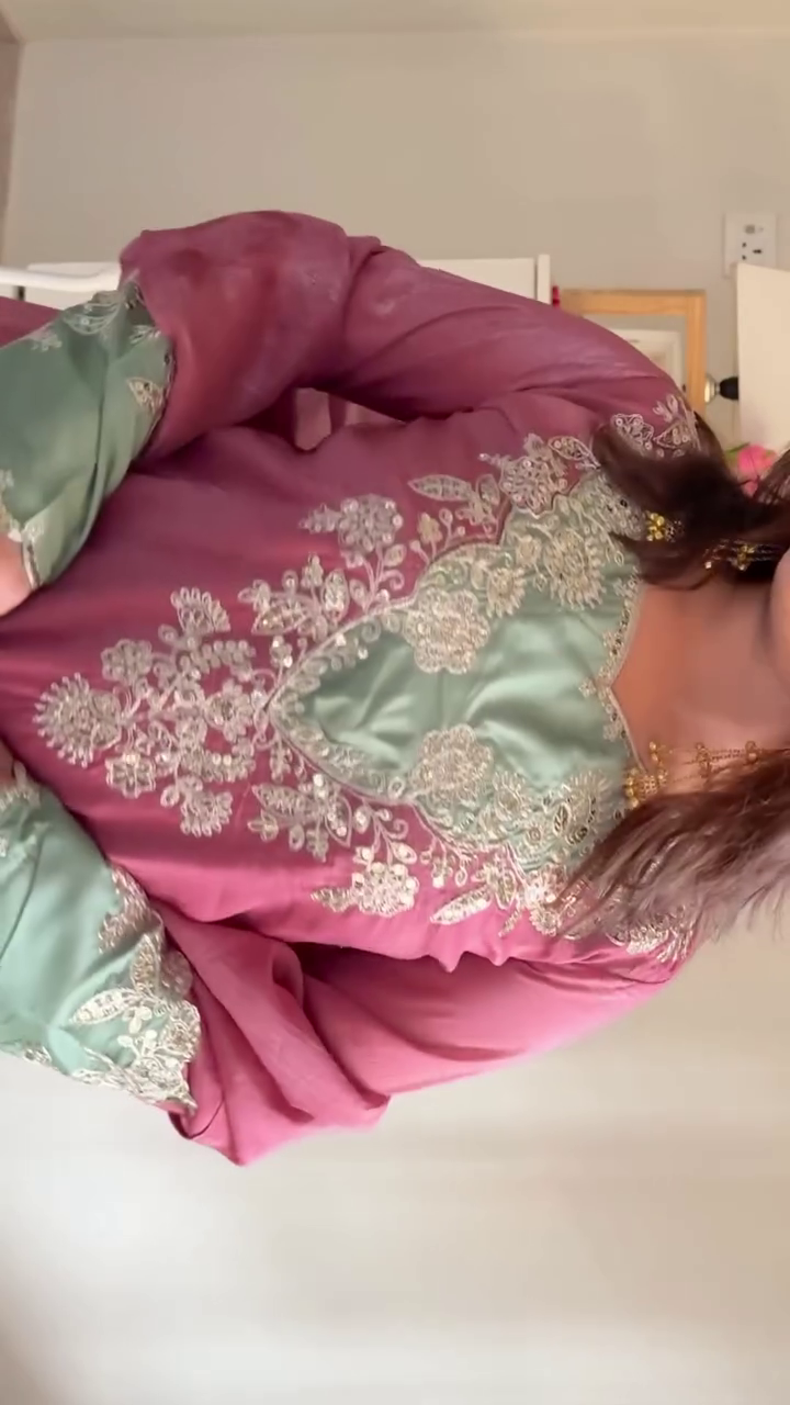 Dusty Rose & Mint Green Embroidered Anarkali Kurta Set with Wide Palazzo & Contrast Borders