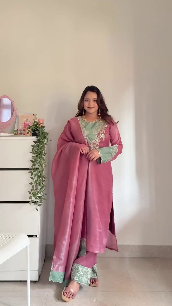 Dusty Rose & Mint Green Embroidered Anarkali Kurta Set with Wide Palazzo & Contrast Borders