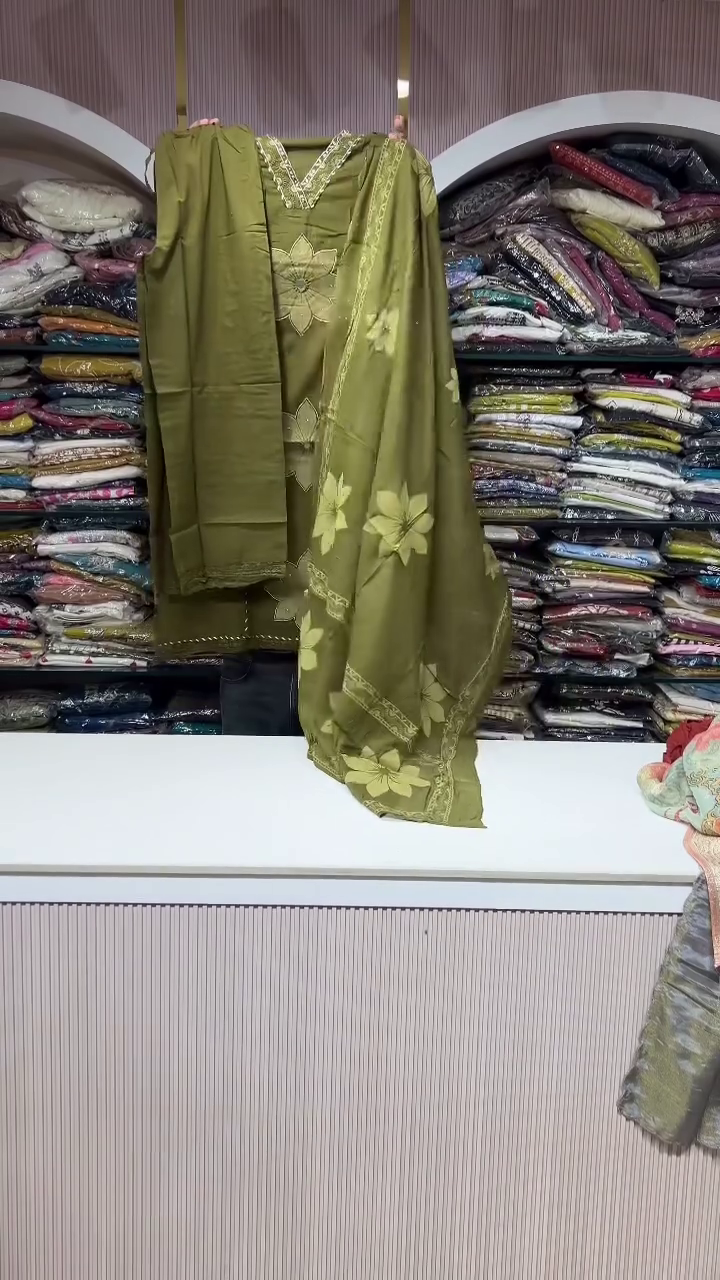 Olive Green V-Neck Floral Embroidered Straight Kurti with Matching Bottom & Dupatta Set