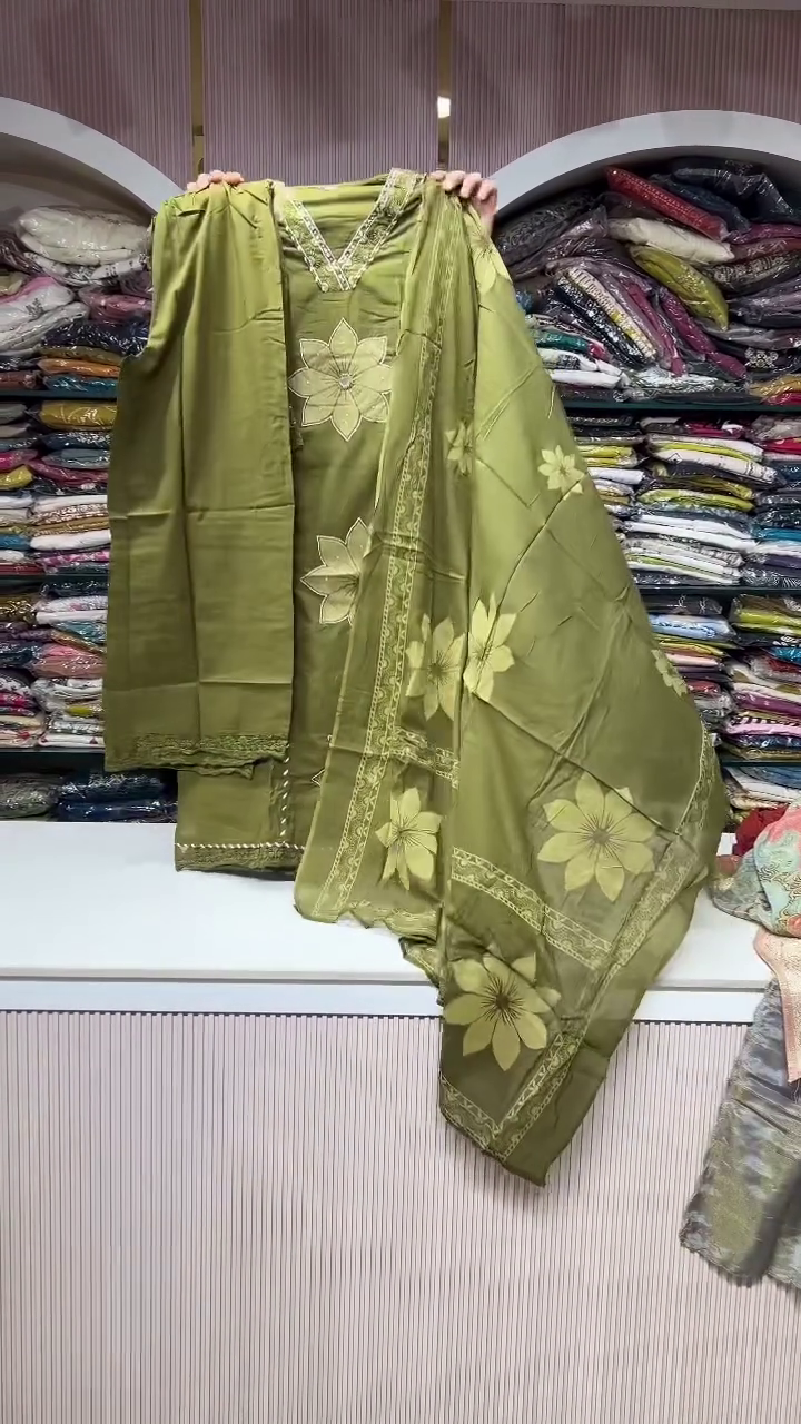 Olive Green V-Neck Floral Embroidered Straight Kurti with Matching Bottom & Dupatta Set