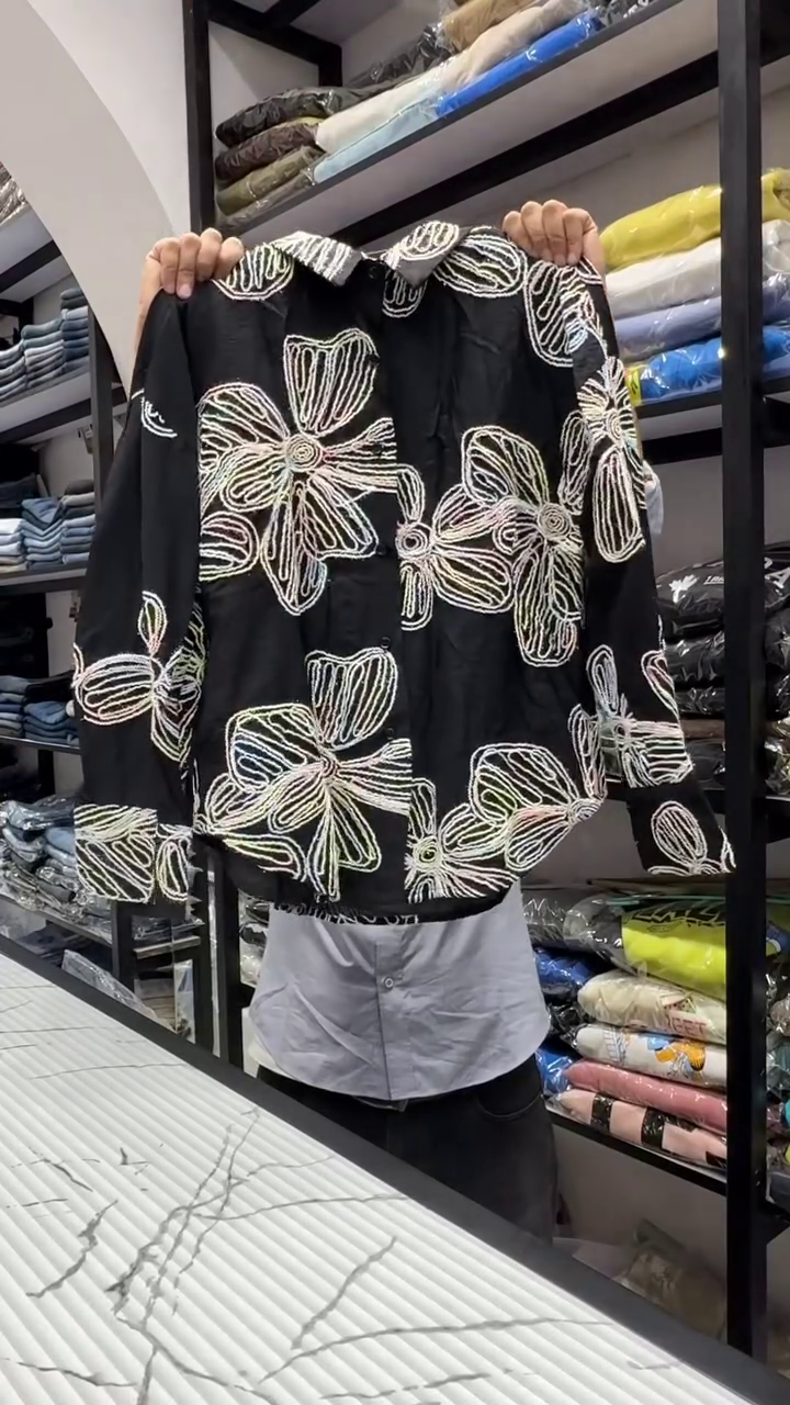 Oversized Abstract Floral Line-Art Print Long Sleeve Casual Fashion Shirt for Men & Women