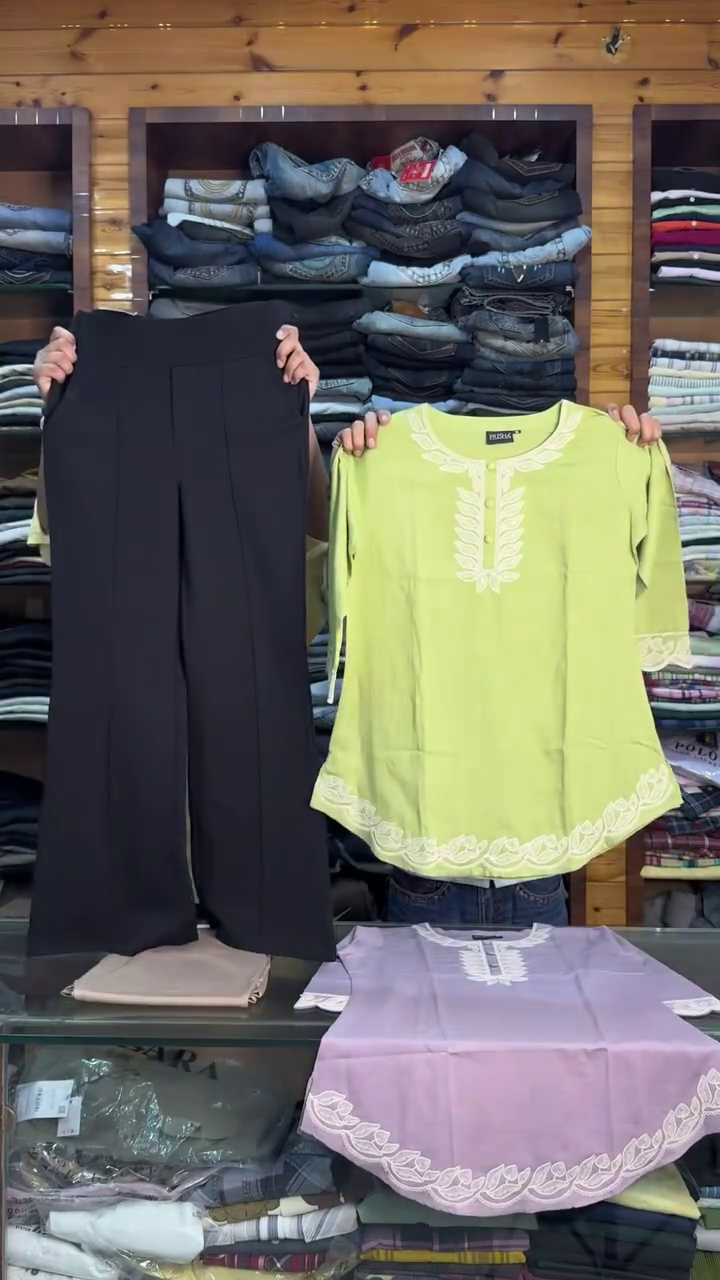 Kurti Style Top with Beige High-Waist Wide Leg Formal Trousers