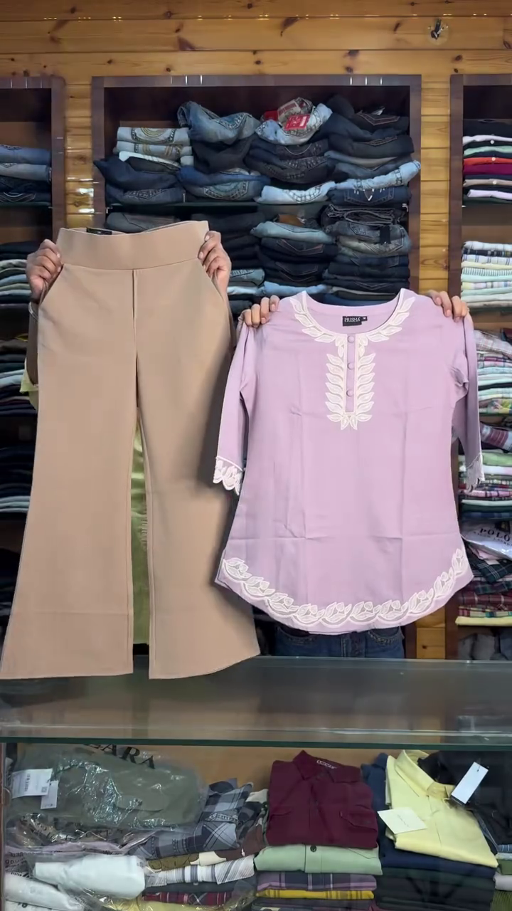 Kurti Style Top with Beige High-Waist Wide Leg Formal Trousers