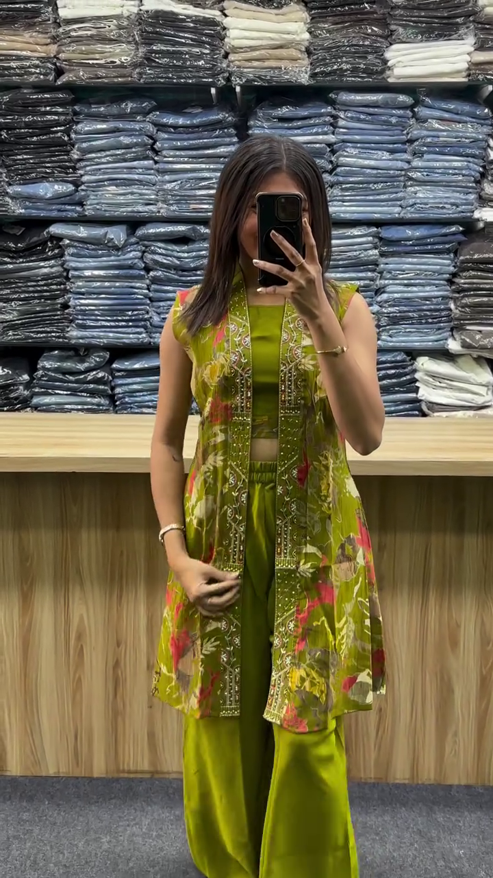 Top With Embroidered Border Long Front Open Jacket And Matching  Palazzo