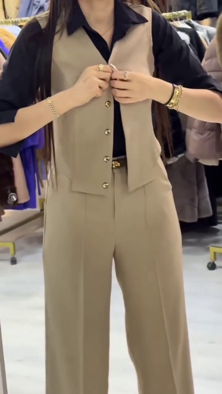 Matching High-Waist Straight Formal Trousers & Black Inner Shirt Set