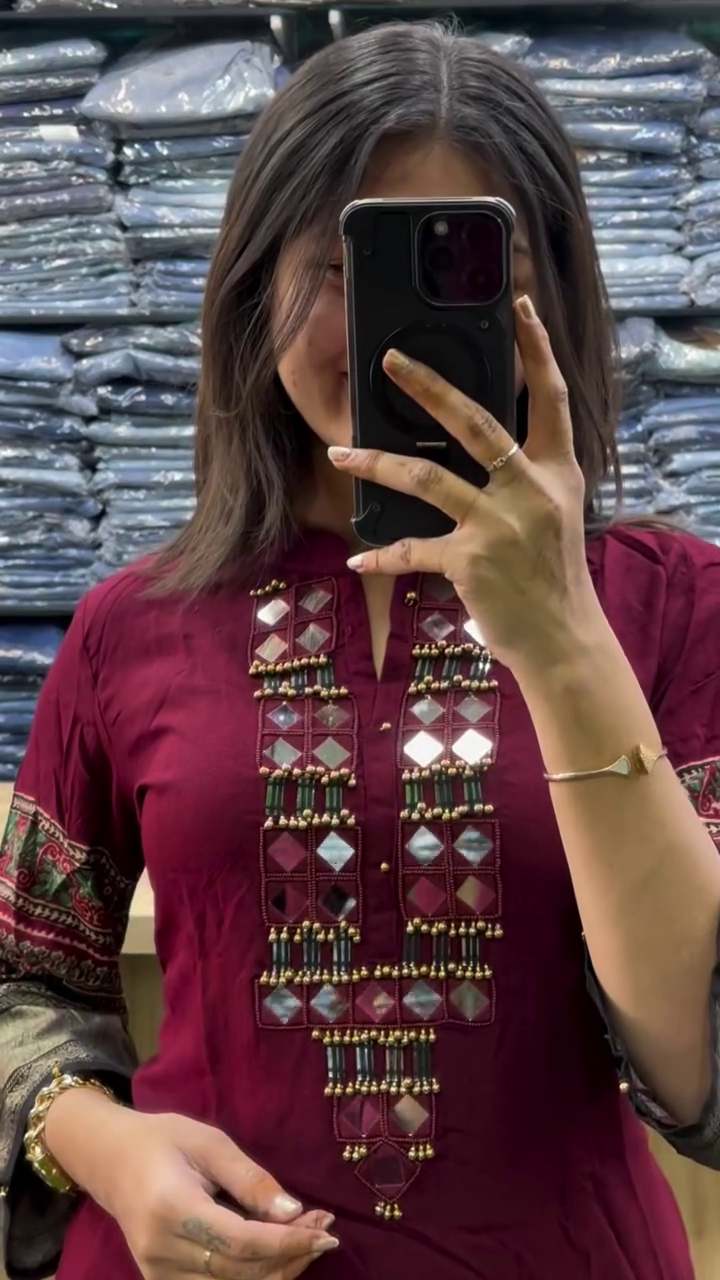 Mirror Embroidered Kurti with Patterned Sleeve Borders