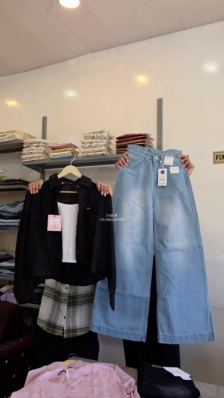 Shirt with Inner Layer & Dark Indigo Wide-Leg Denim Jeans Outfit