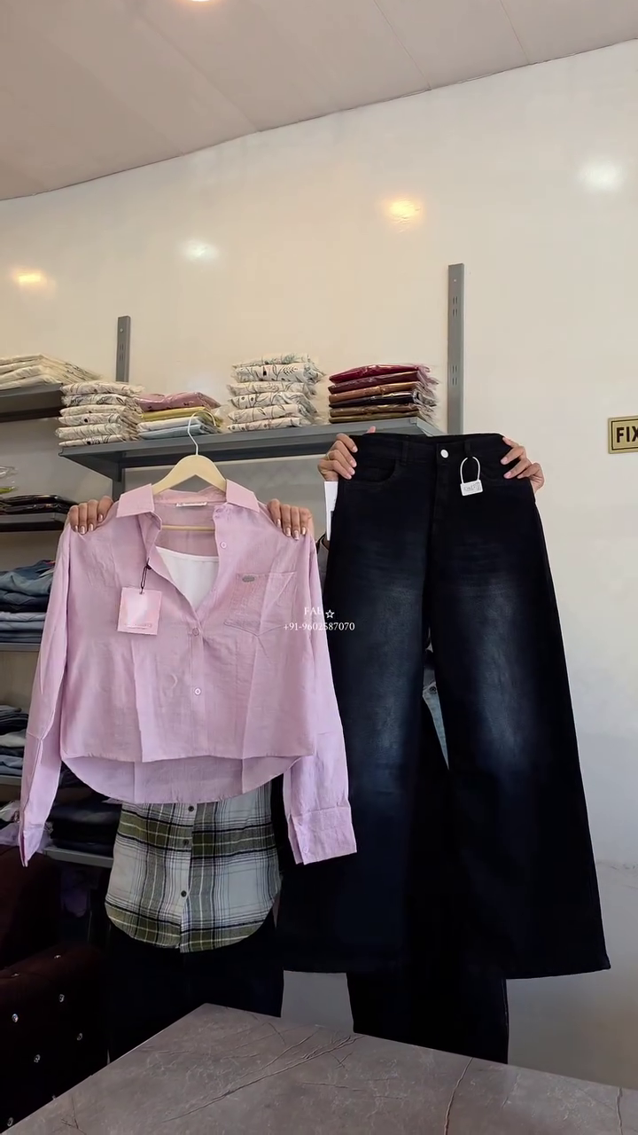 Shirt with Inner Layer & Dark Indigo Wide-Leg Denim Jeans Outfit