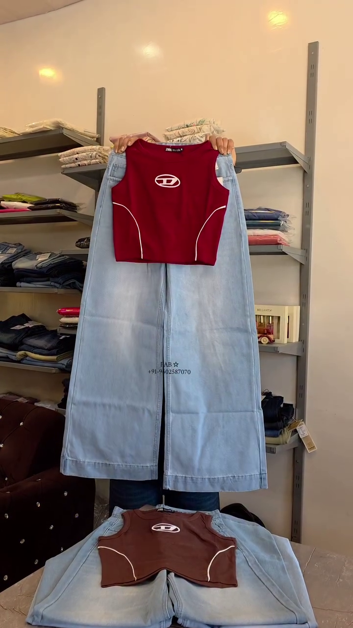 Pink Sleeveless Athletic Style Crop Top with Denim Pants Set