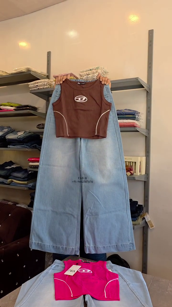 Pink Sleeveless Athletic Style Crop Top with Denim Pants Set