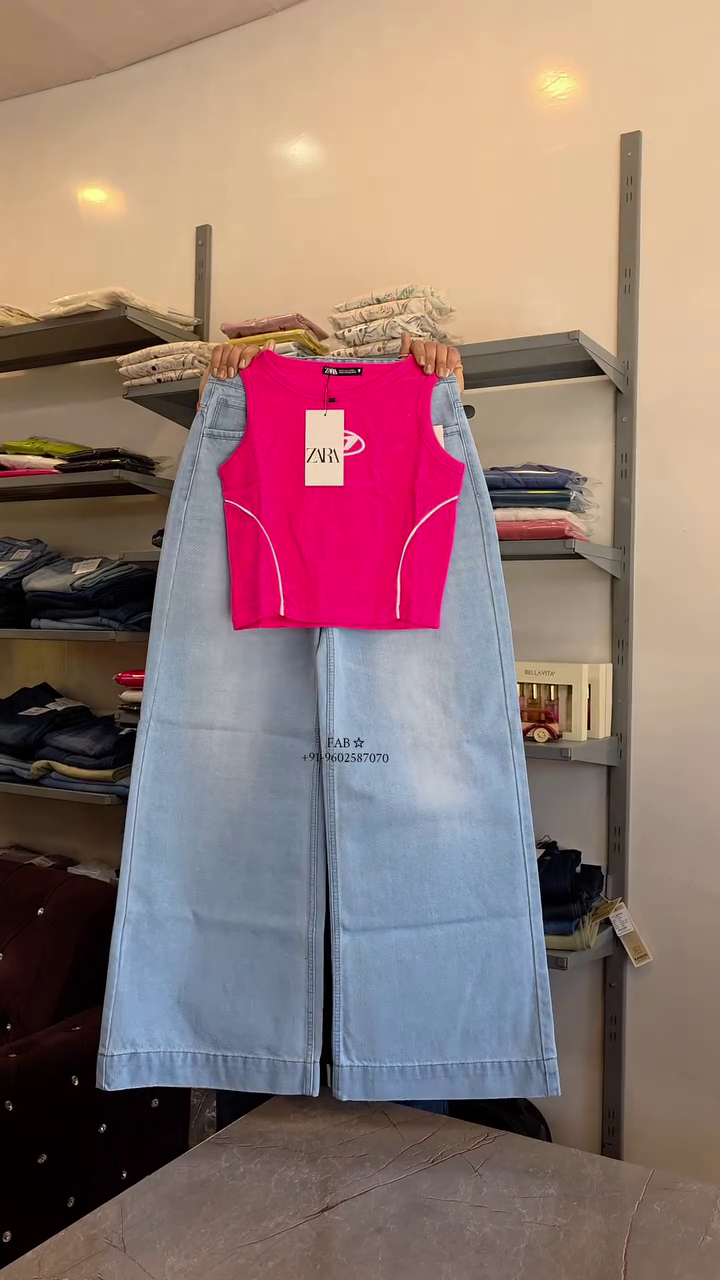 Pink Sleeveless Athletic Style Crop Top with Denim Pants Set