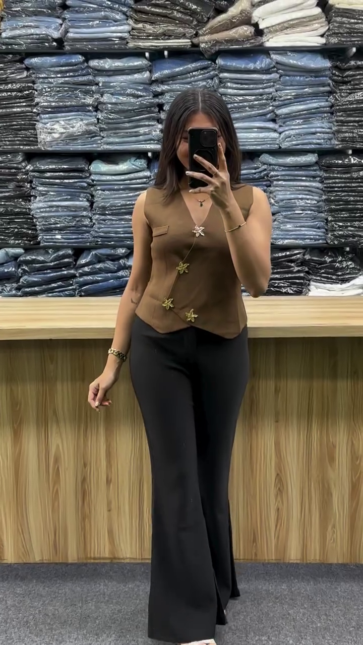Waistcoat Top with Decorative Floral Metal Buttons & Beige High-Waist Flared Pants