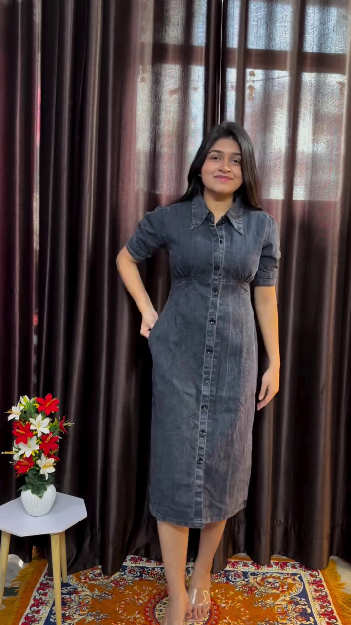 🌊 Navy Blue Puff Sleeve Shirt Dress – Chic Denim Dream! 🌊