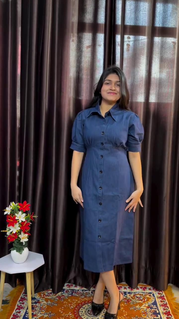 🌊 Navy Blue Puff Sleeve Shirt Dress – Chic Denim Dream! 🌊