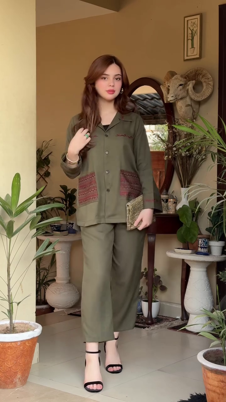 🌿 Olive Green Embroidered Cargo Co-ord Set – Boho Power Dressing! 🌿