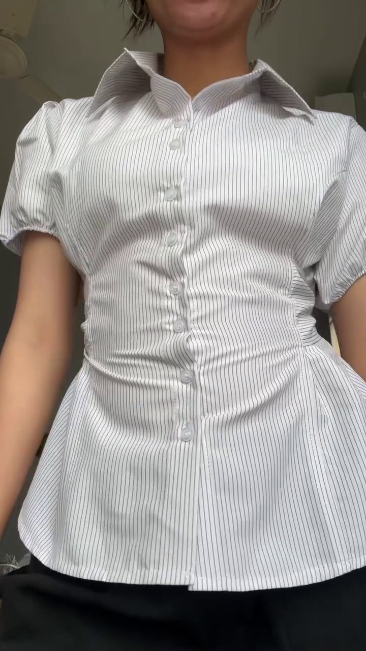 👕 White Striped Puff Sleeve Corset Shirt – Chic Office Siren! 👕