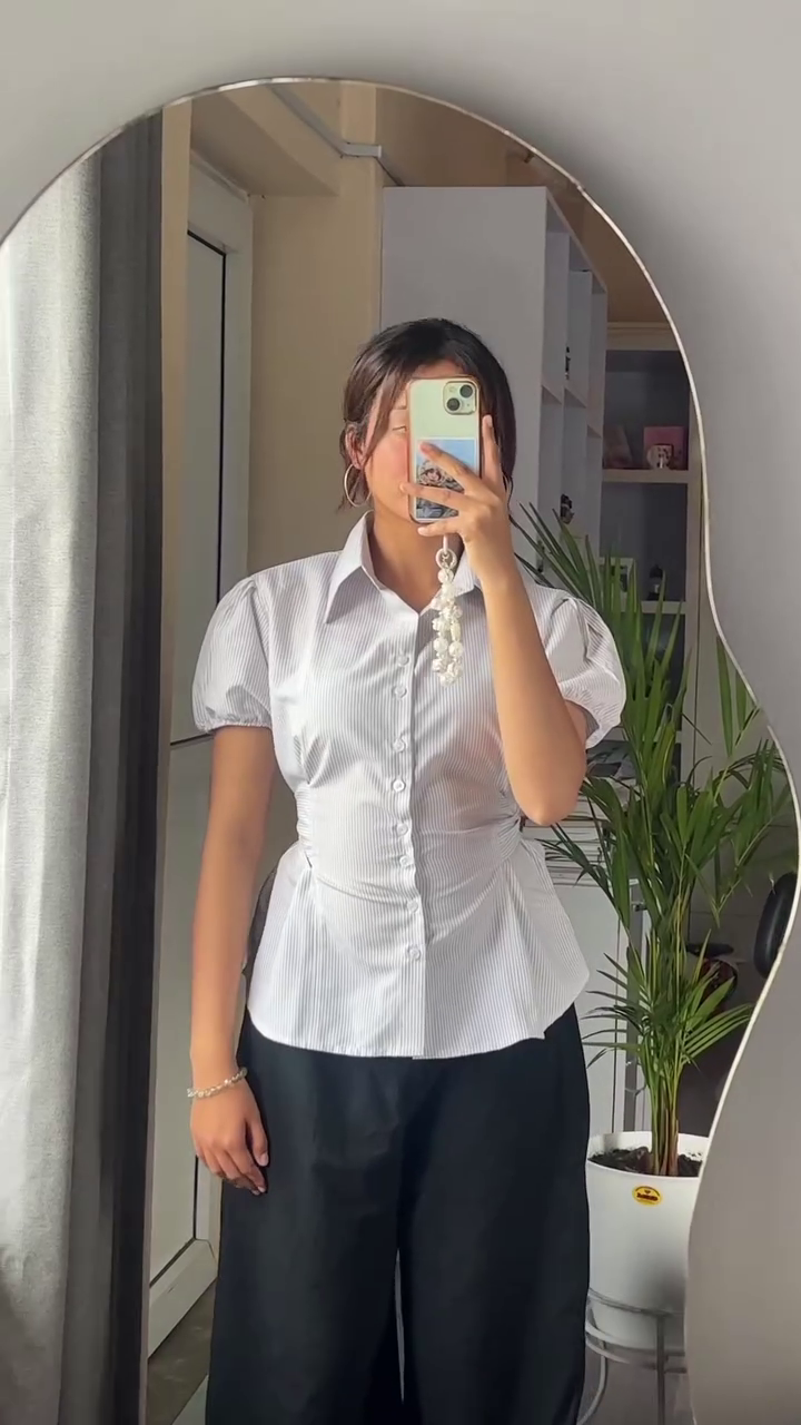 👕 White Striped Puff Sleeve Corset Shirt – Chic Office Siren! 👕