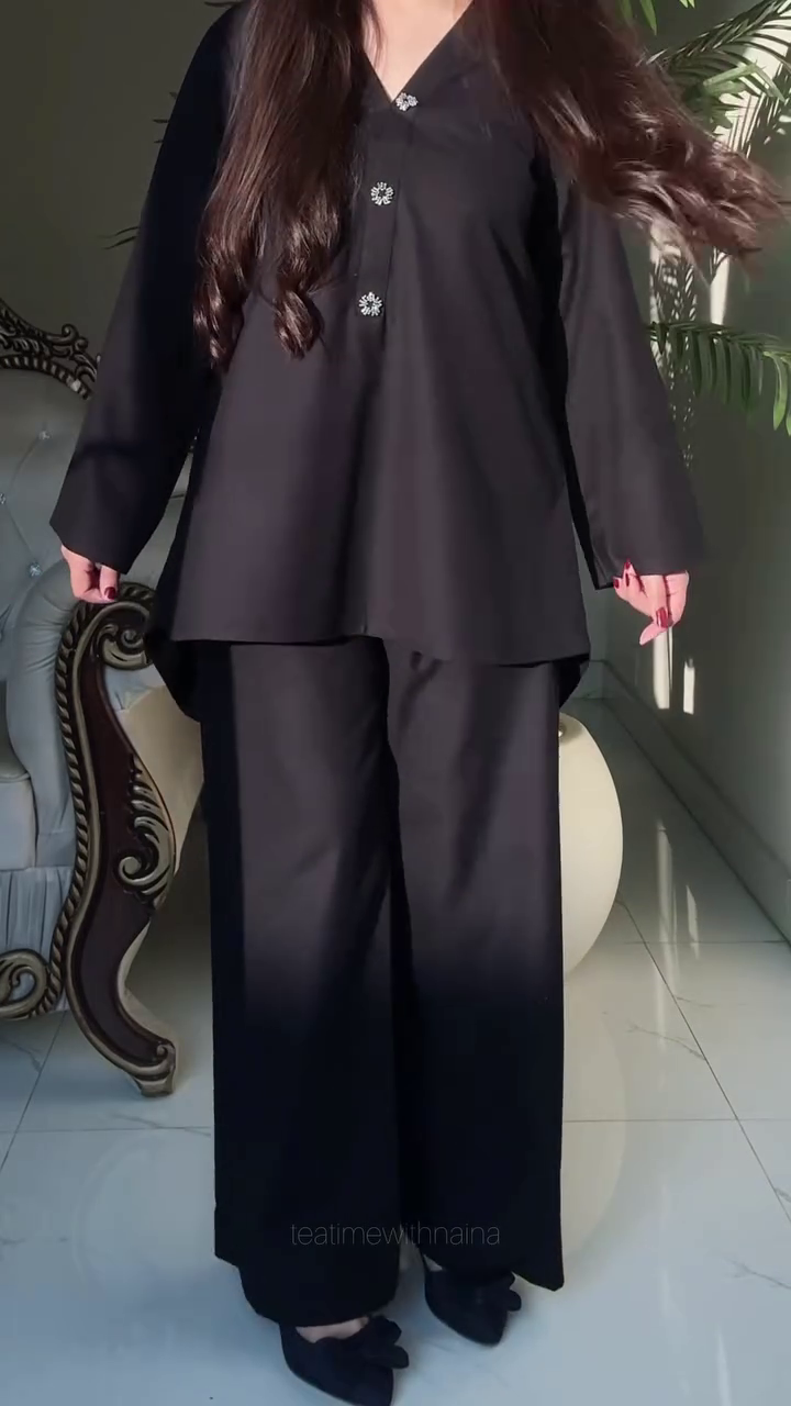 ✨ Black Crystal Button Shirt + Wide-Leg Pant Set – Luxe Nighttime Glam! ✨