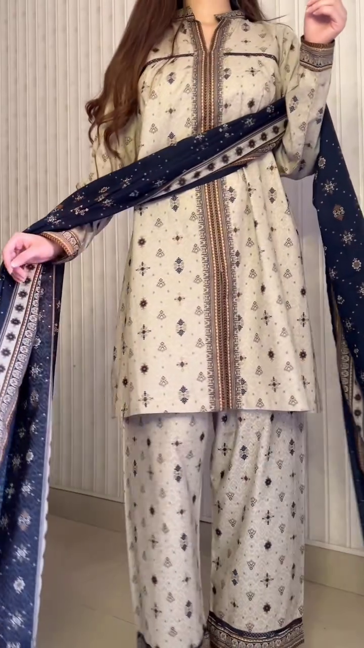 jpg 🌿 Cream-Beige Embroidered Ethnic Kurta Set with Navy Dupatta – Heritage Elegance! 🌿