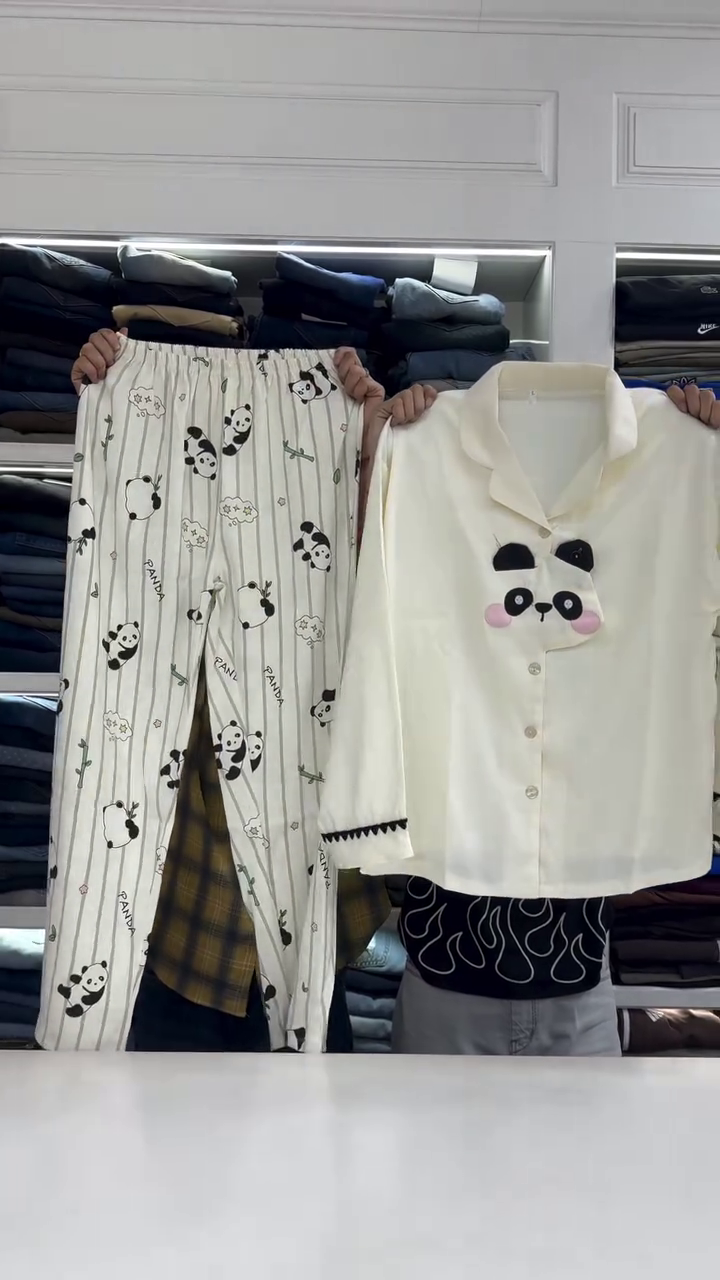 Cute Panda Dream Nightwear Co-Ord Set – Soft Comfort Button-Up Shirt & Printed Pyjama Set 🐼💤✨