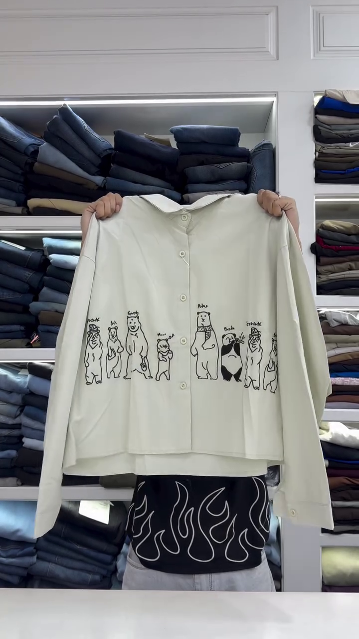 Playful Bear Squad Oversized Shirt – Cute Cartoon Print Button-Up Top 🐻✨