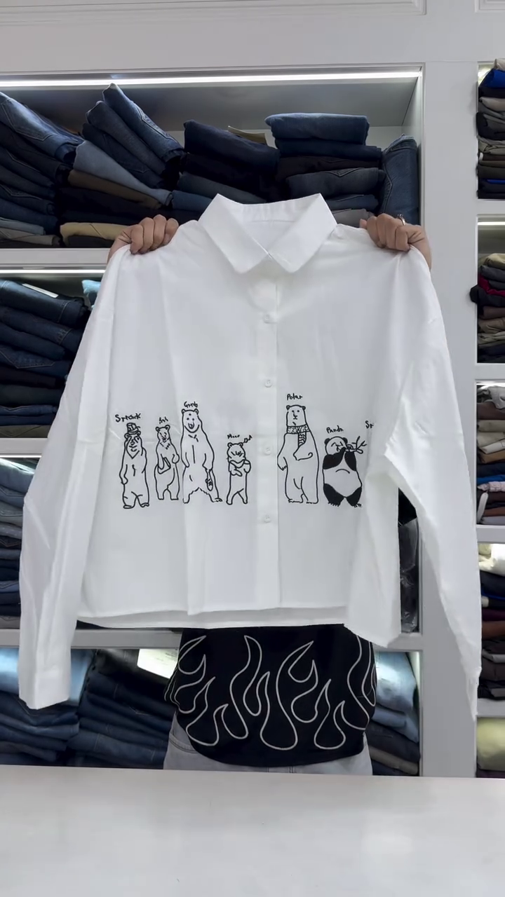 Playful Bear Squad Oversized Shirt – Cute Cartoon Print Button-Up Top 🐻✨