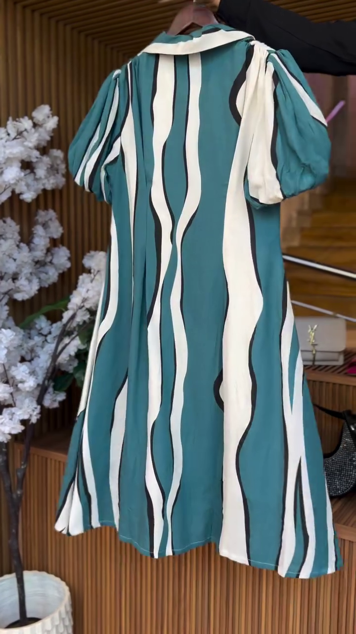 Olive Wave Chic Shirt Dress – Flowing Button-Down Printed Midi Dress 💚✨