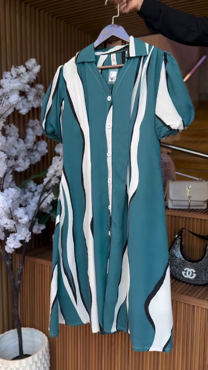 Olive Wave Chic Shirt Dress – Flowing Button-Down Printed Midi Dress 💚✨