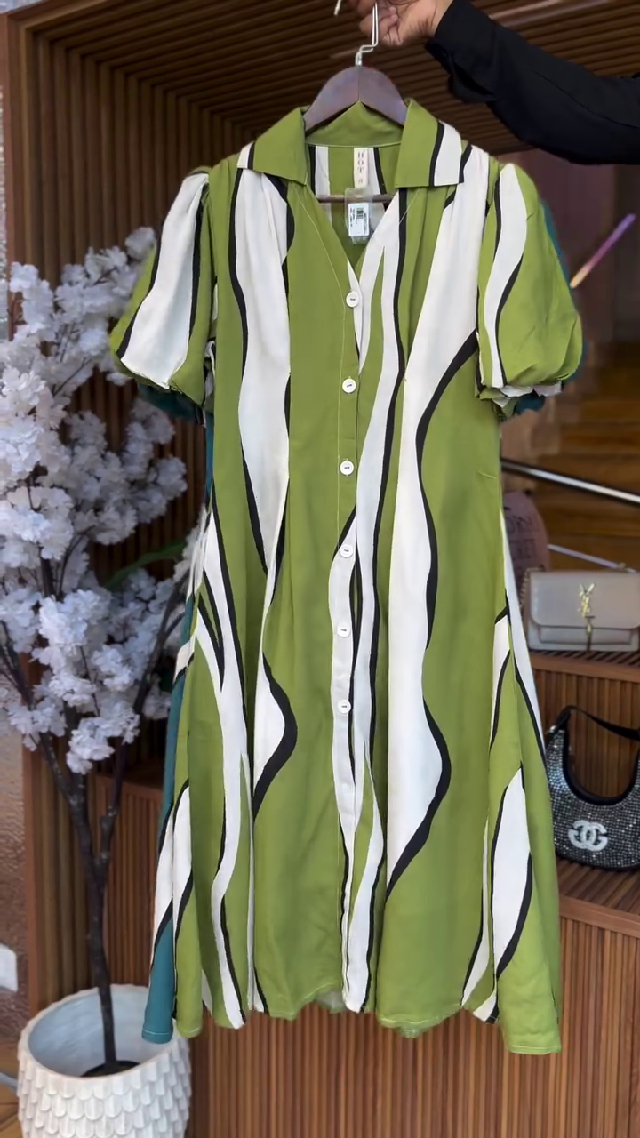 Olive Wave Chic Shirt Dress – Flowing Button-Down Printed Midi Dress 💚✨