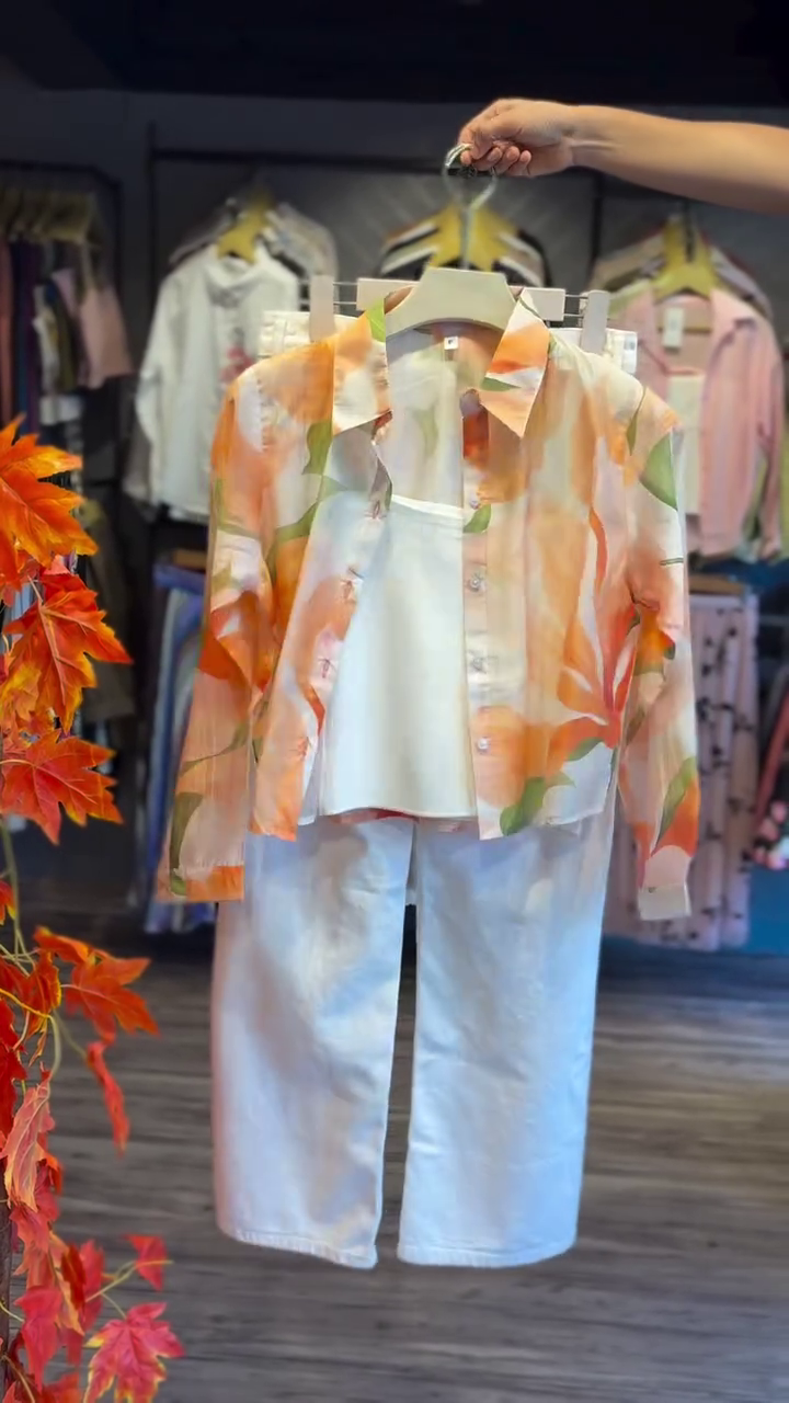 Sunset Bloom Layered Co-Ord Set – Printed Sheer Shirt, Inner Top & Wide-Leg Pants 🌅✨