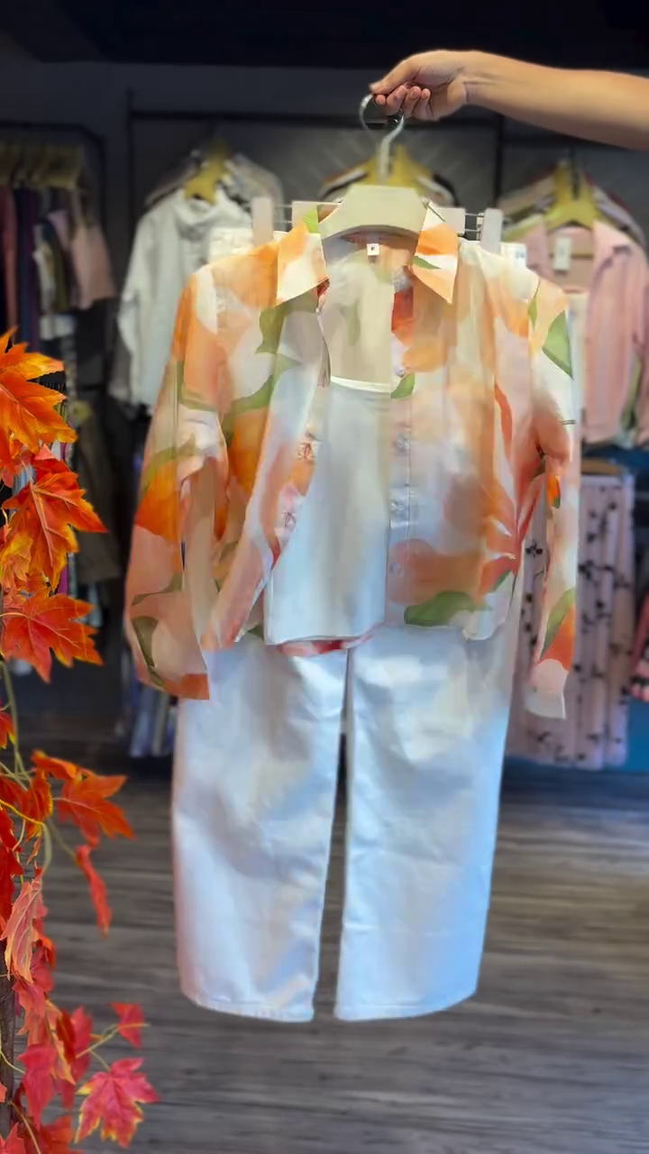 Sunset Bloom Layered Co-Ord Set – Printed Sheer Shirt, Inner Top & Wide-Leg Pants 🌅✨