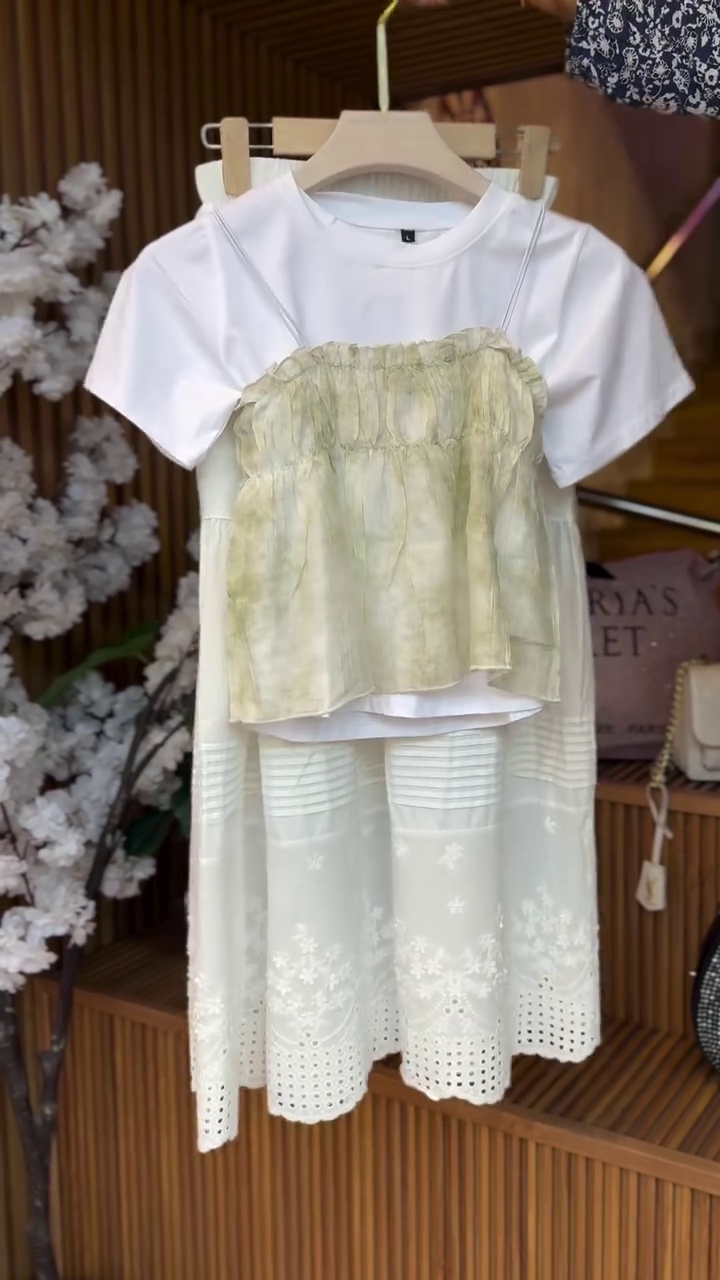 Soft Muse Layered Co-Ord Set – Chic Tee, Sheer Camisole & Embroidered Skirt 🤍✨