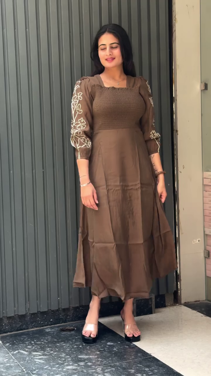 Mocha Grace Smocked Midi Dress – Elegant Embroidered Sleeve Flowy Dress 🤎✨