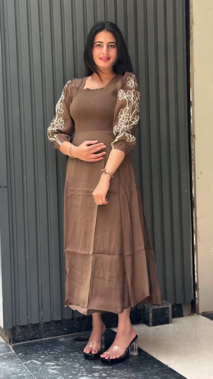 Mocha Grace Smocked Midi Dress – Elegant Embroidered Sleeve Flowy Dress 🤎✨