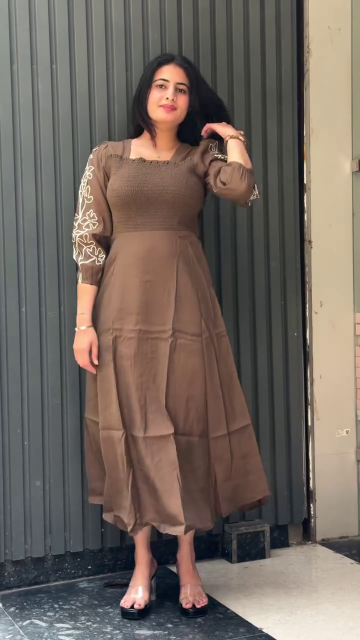 Mocha Grace Smocked Midi Dress – Elegant Embroidered Sleeve Flowy Dress 🤎✨