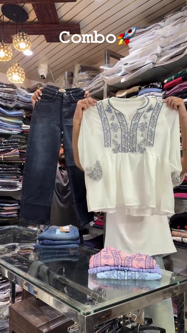 Indigo Grace Fusion Combo – Embroidered Top with Classic Denim Jeans 👖🤍✨
