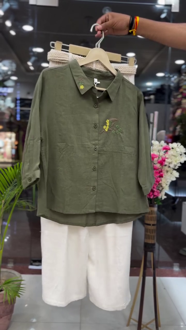 Olive Garden Embroidered Co-Ord Set – Floral Shirt Top with Relaxed Fit Pants 🌿✨