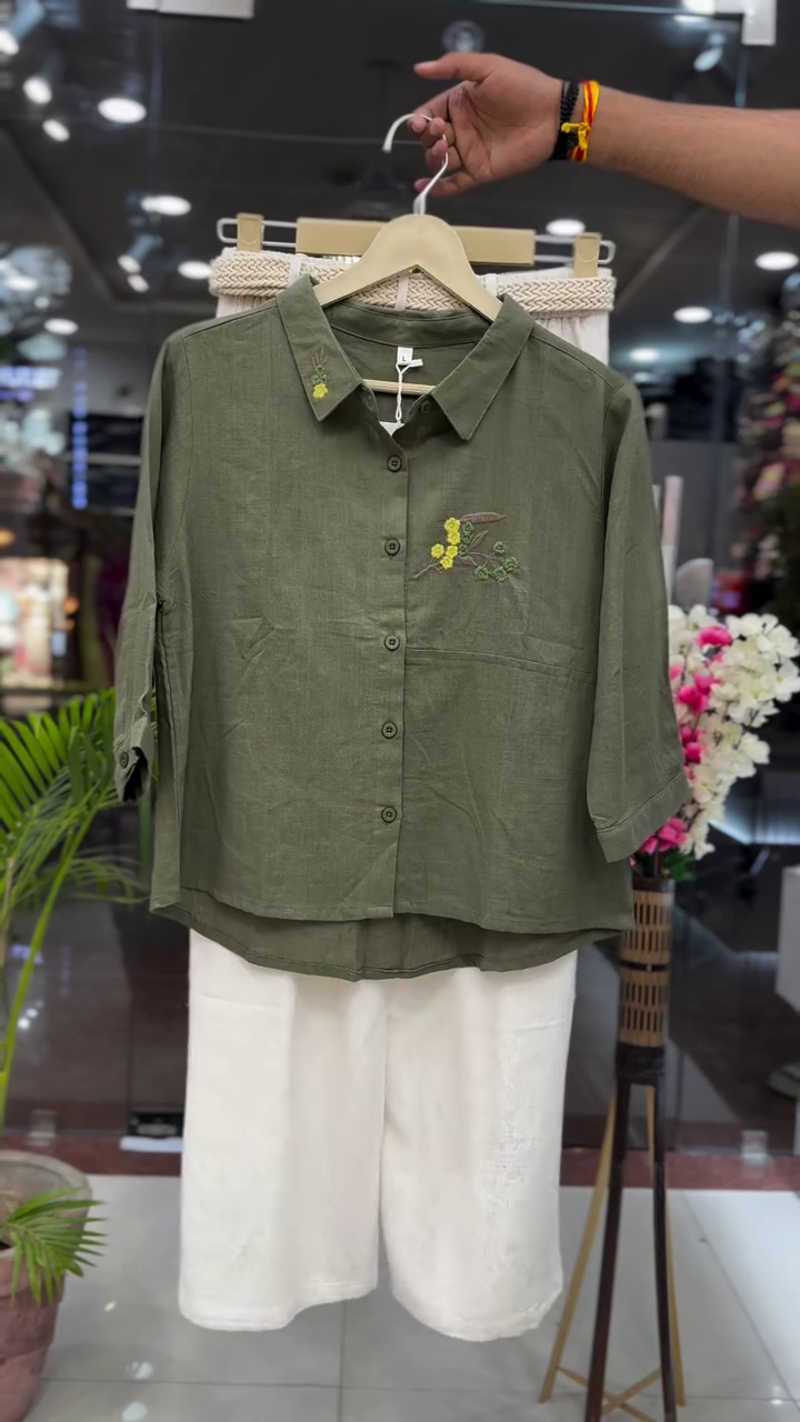 Olive Garden Embroidered Co-Ord Set – Floral Shirt Top with Relaxed Fit Pants 🌿✨