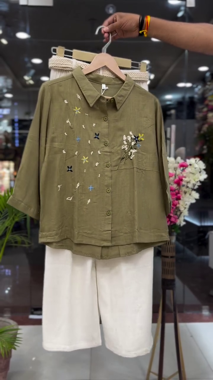 Olive Garden Embroidered Co-Ord Set – Floral Shirt Top with Relaxed Fit Pants 🌿✨