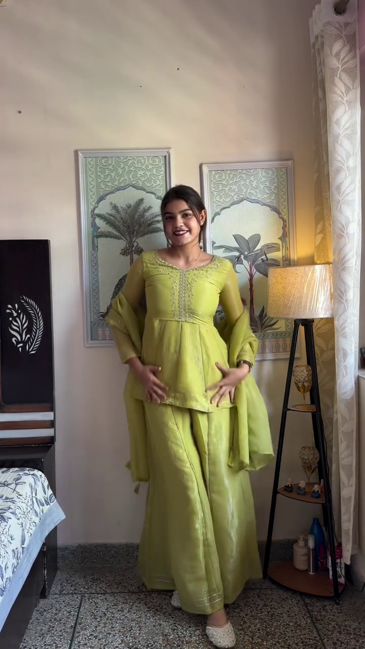 Pistachio Glow Royal Co-Ord Set – Embroidered Peplum Kurti with Palazzo & Dupatta 💚✨