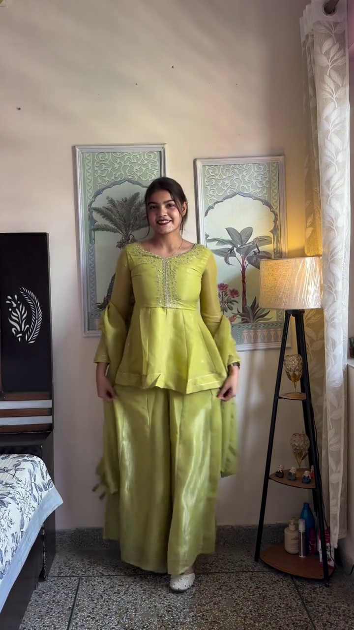Pistachio Glow Royal Co-Ord Set – Embroidered Peplum Kurti with Palazzo & Dupatta 💚✨